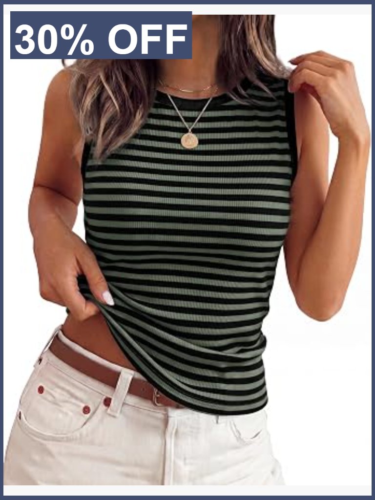 Striped Ribbed Knit Tank Top Sleeveless Slim Fit Side Ruched Wide Strap